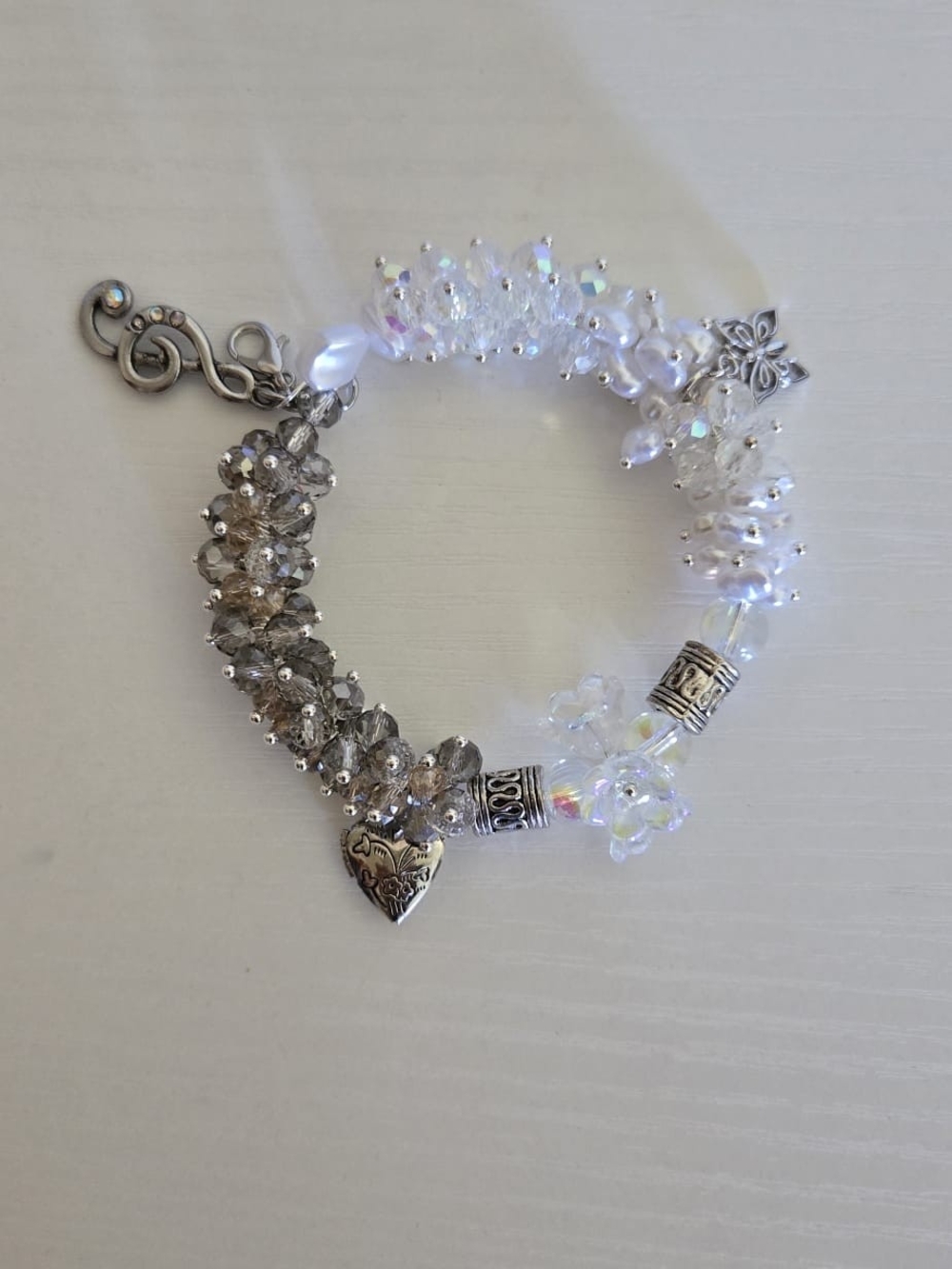 Iridescent Crystal and Silver Heart Charm Bracelet - Women